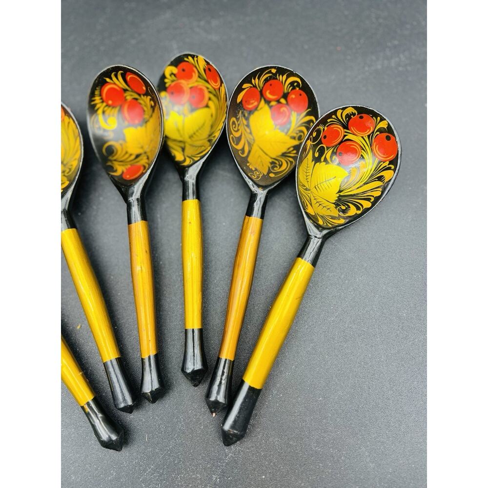 Khokhloma Russian Folk Art Hand Painted Spoons Red Gold Black Set Of 6 - Picture 5 of 7